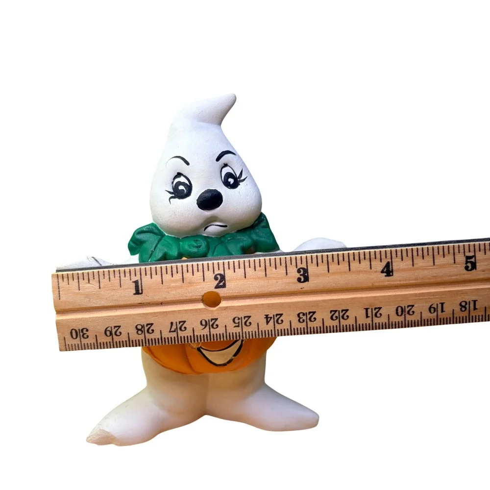 Vtg Ceramic Ghost Holding Pumpkin Figurine Halloween Jack O Lantern Sad Face